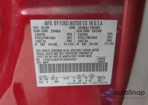 2001 Ford Escape Xlt z USA, uszkodzony, nr VIN 1FMYU04191KB60261